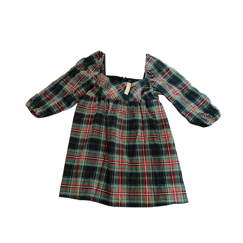 J. Crew Plaid Square Neck Smocked Puff Sleeve Dress Size 20 Black Red‎ Green